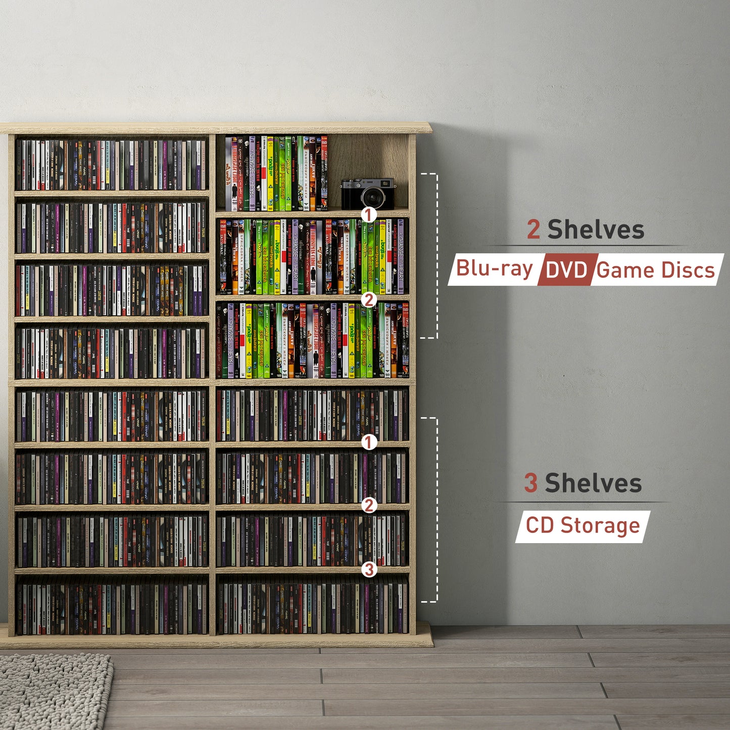 HOMCOM 16-Compartment Media Shelf - Nature Wood Finish