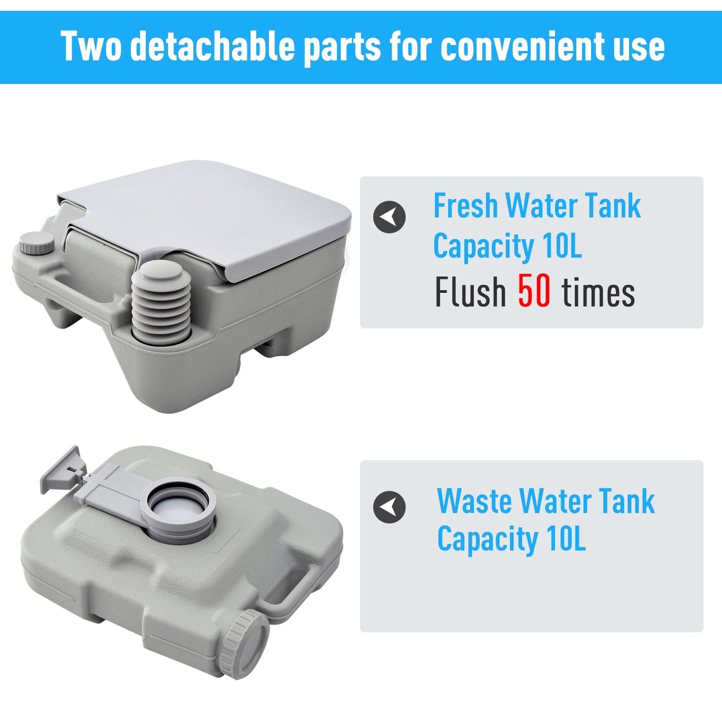 HOMCOM 10L Portable Toilet for Adults, Outdoor Camping Toilet with 2 Detachable Tanks & Push-button Operation, Compact Outdoor Travel Potty Loo with Lid, Seat for Fishing, Hiking, Picnic, Grey