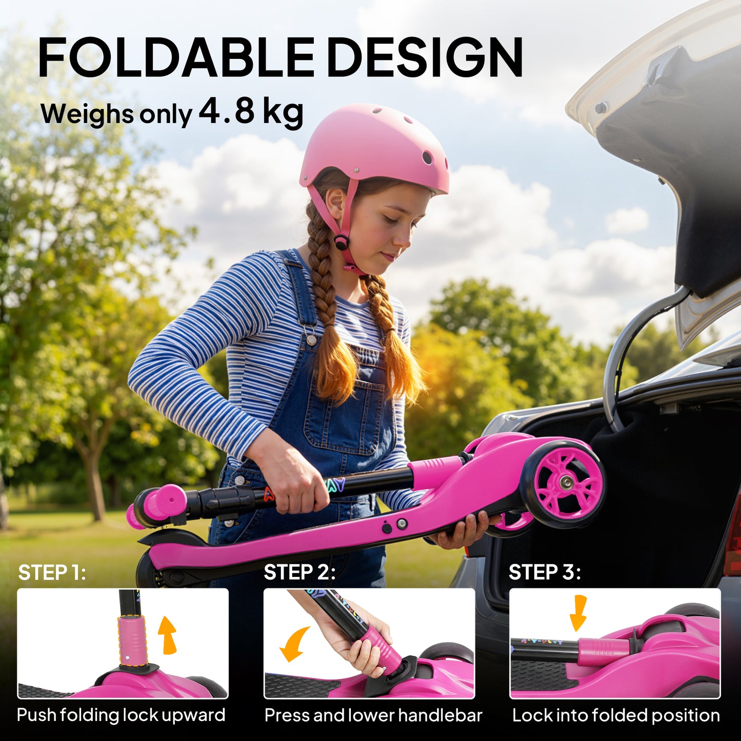 AIYAPLAY Three-Wheel Foldable Electric Scooter for Kids Aged 6-10 Years, Pink