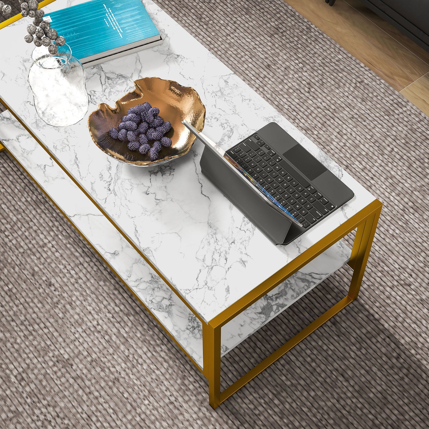 HOMCOM Coffee Table, Two-Tier Faux Marble Effect Centre Table with Metal Frame and Storage Shelf for Living Room, 106 x 50 x 45cm, White