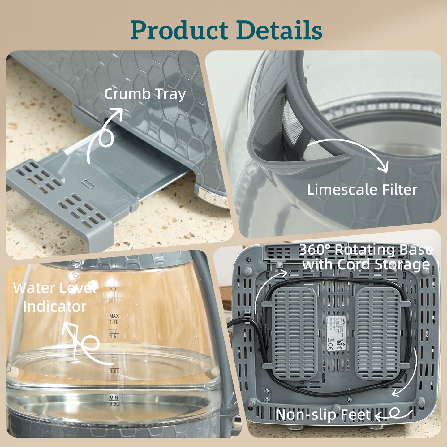 HOMCOM Kettle and Toaster Set, 1.7L 3000W Rapid Kettle with Strix Thermostat, 4 Slice Toaster with 7 Browning Controls, Grey