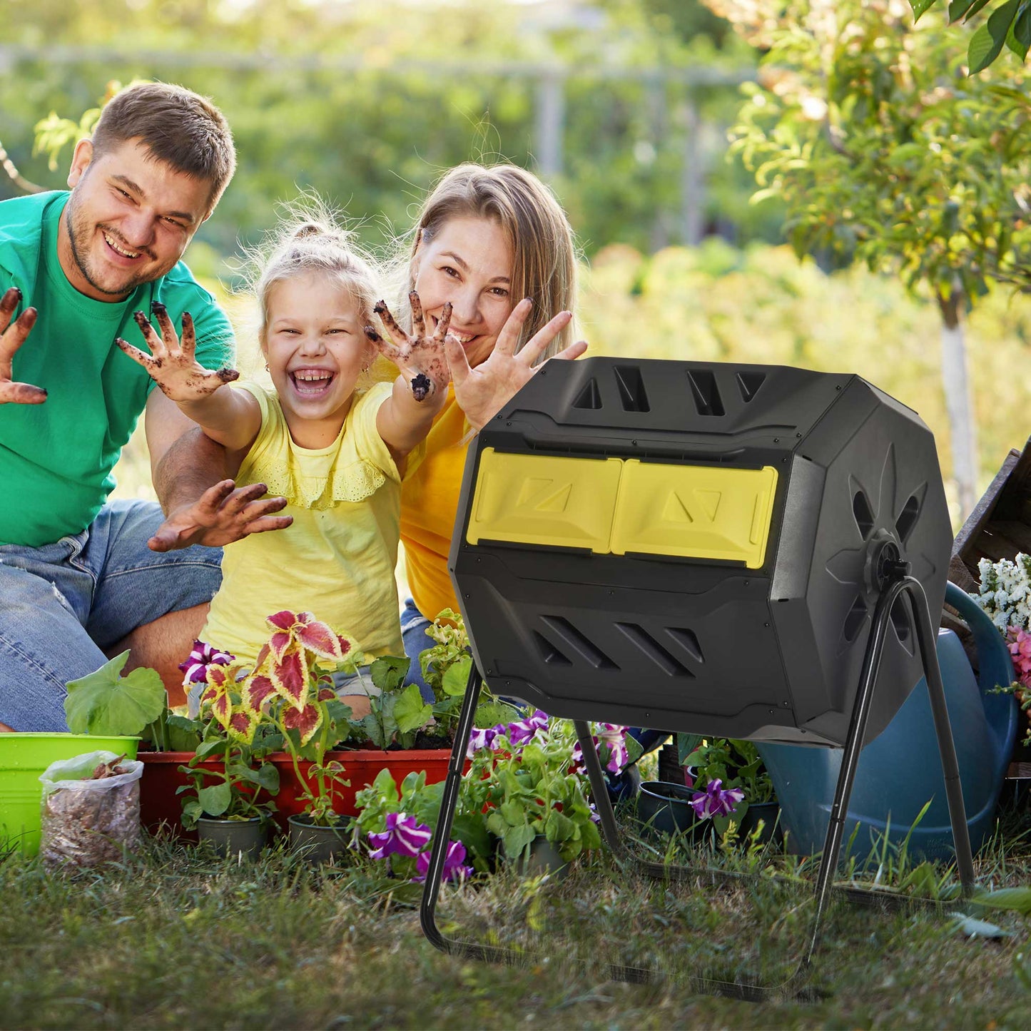 Outsunny 160L 360° Rotating Dual Chamber Composter - Yellow