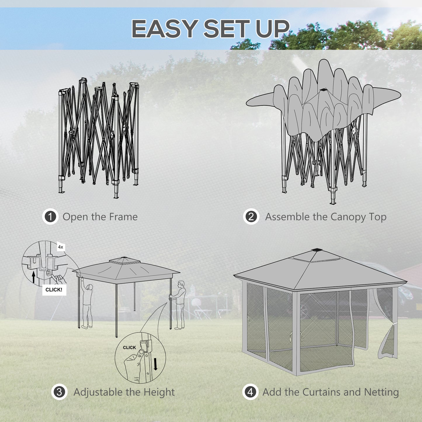 Outsunny 3.36 x 3.36m Pop Up Gazebo Party Tent with Solar-Powered LED Lights, Adjustable Event Shelter with Netting, Grey