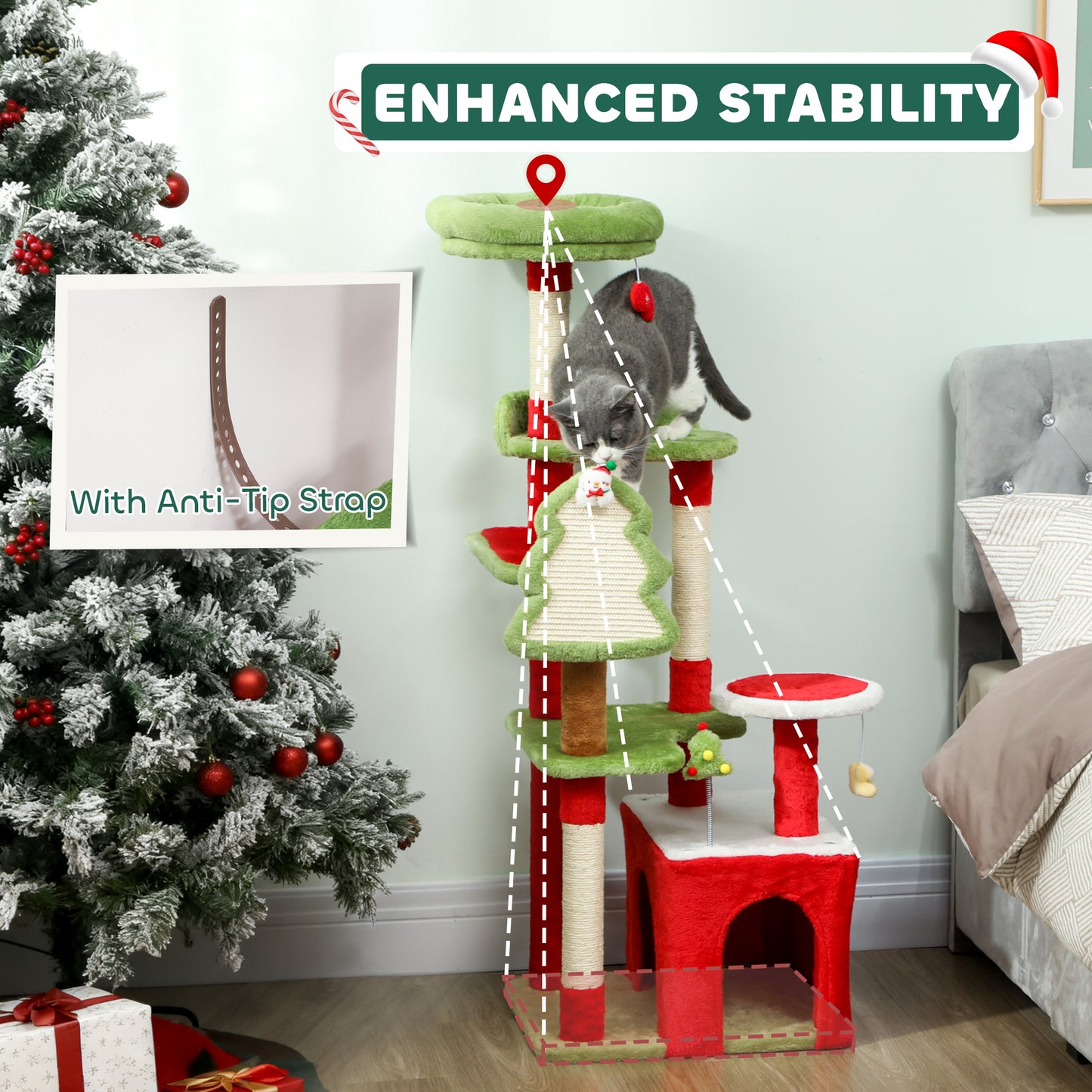 PawHut Cat Tree, 120cm Christmas Cat Tower with 3 Scratching Posts, Scratching Board, 2 Perches, Platforms, Toys, Green