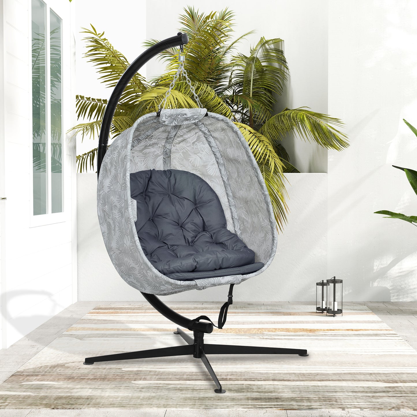 Outsunny Hanging Egg Chair Outdoor Indoor Garden Swing Chair with Folding Basket, Garden Hanging Chair with Stand, Thickened Cushion, Cup Holder for Patio, Balcony, Grey