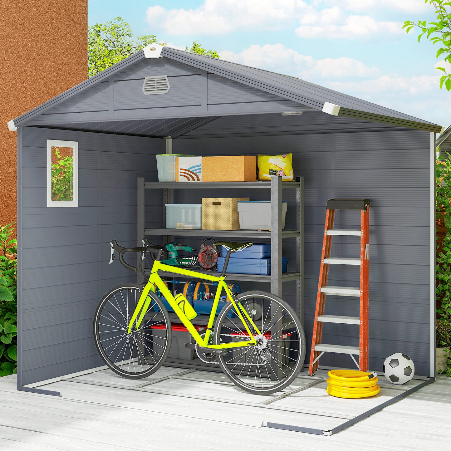 Outsunny 7.9ft x 6.2ft Aluminium Frame and Plastic Wall Shed, with Foundation - Grey