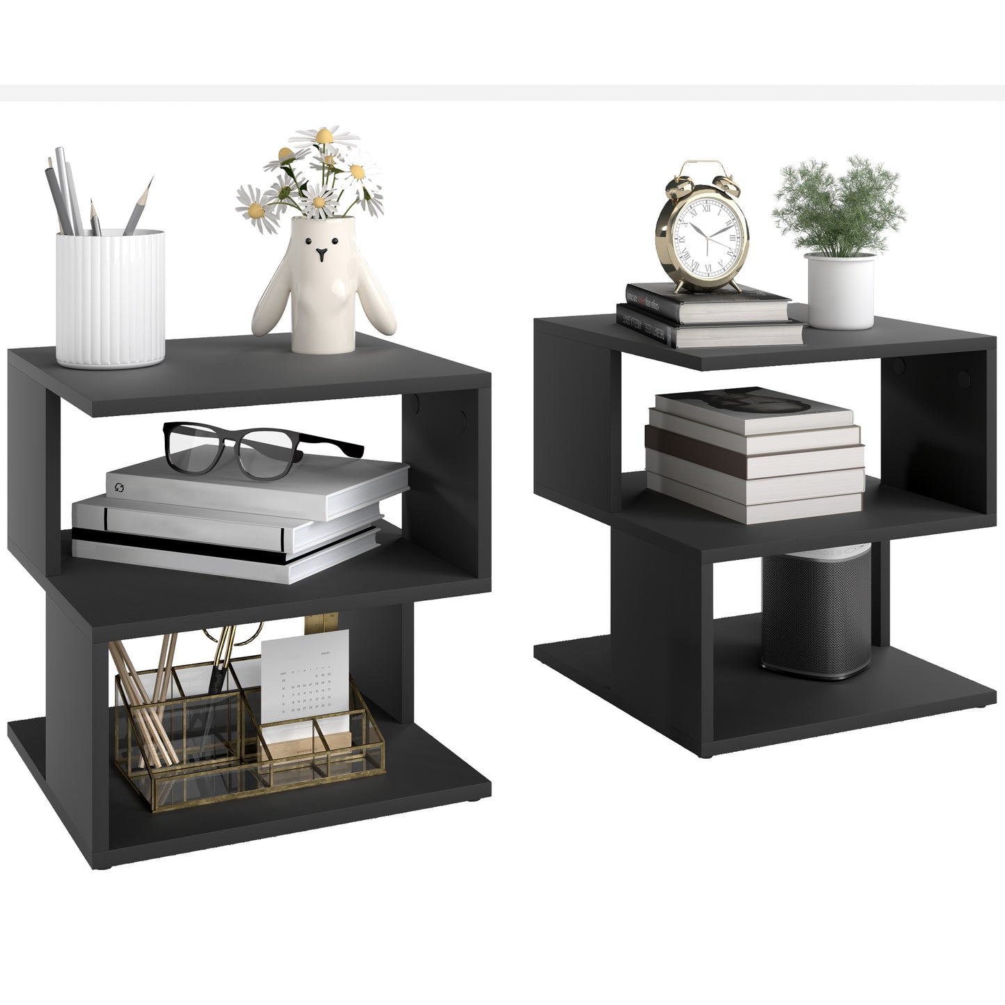 HOMCOM Set of 2 Side Table Square Coffee Table, Modern End Table with 2 Tier Storage Shelves for Living Room, Bedroom, Black