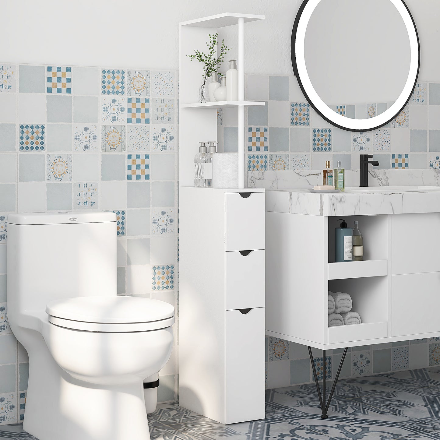 HOMCOM Slim Bathroom Storage Cabinet with Drawers, Tall Bathroom Cupboard with 2-Tier Shelf, White