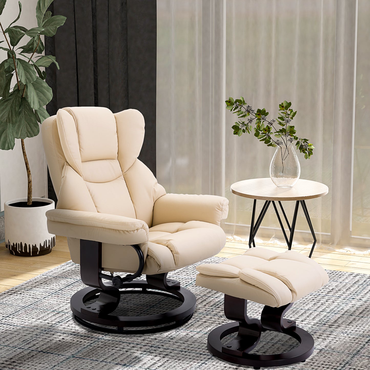 HOMCOM 360° Swivel Recliner Chair with Footstool, PU Leather Manual Recliner Armchair with Footstool, Solid Wood Base, Upholstered Reclining Chair for Living Room, Bedroom, Office, Cream