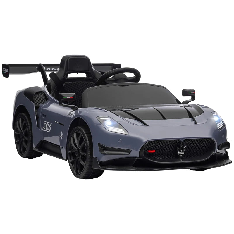 Maserati GT2 Licensed 12V Kids Electric Ride on Car with 4 Suspension Wheels, Remote Control, Music, Horn, Lights, Grey