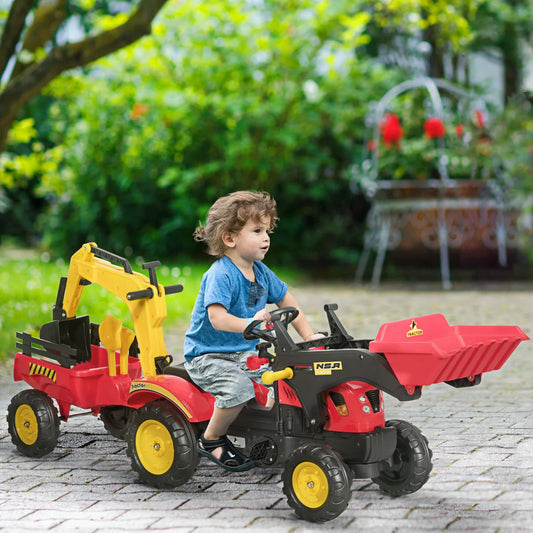HOMCOM Ride On Tractor for Kids, 3 in 1 Ride On Excavator Toy Car with Adjustable Bucket, Digger and Removable Trailer, Pretend Play Construction Truck for 3-6 Years - LiamsBargains.co.uk