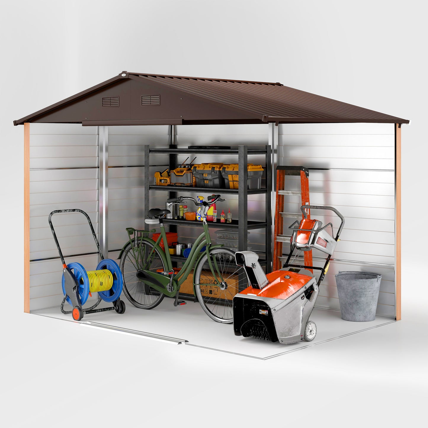 Outsunny 9 x 6ft Galvanised Steel Shed with Double Sliding Doors with 4 Ventilation Slots - Brown Wood-Effect