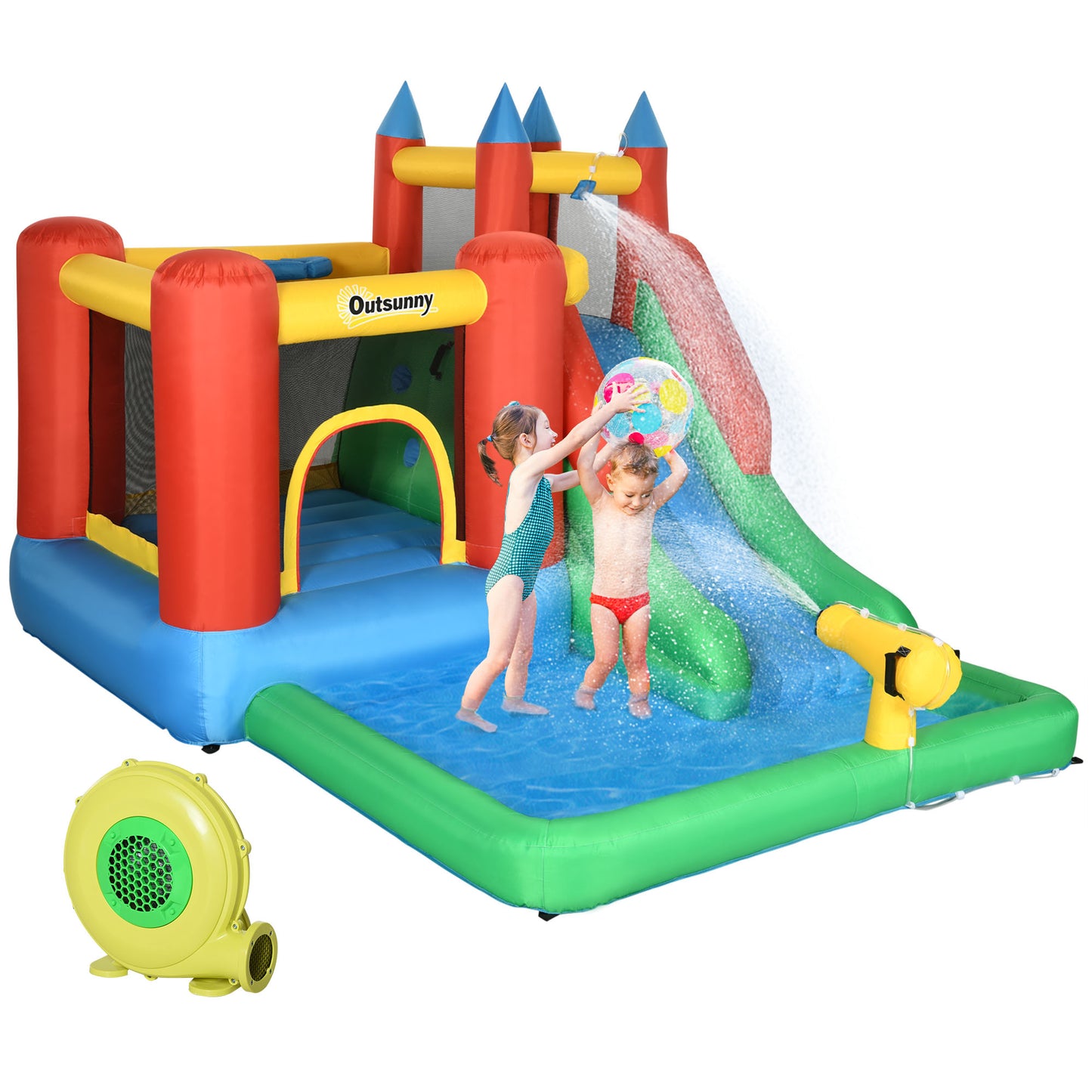 Outsunny Kids Inflatable Bouncy Castle Water Slide 5 in 1 Bounce House Jumping Castle Water Pool Gun Climbing Wall with Air Blower for Summer Playland