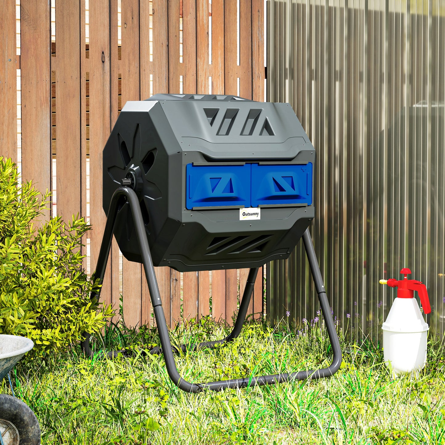 Outsunny 160L 360° Rotating Dual Chamber Composter - Blue
