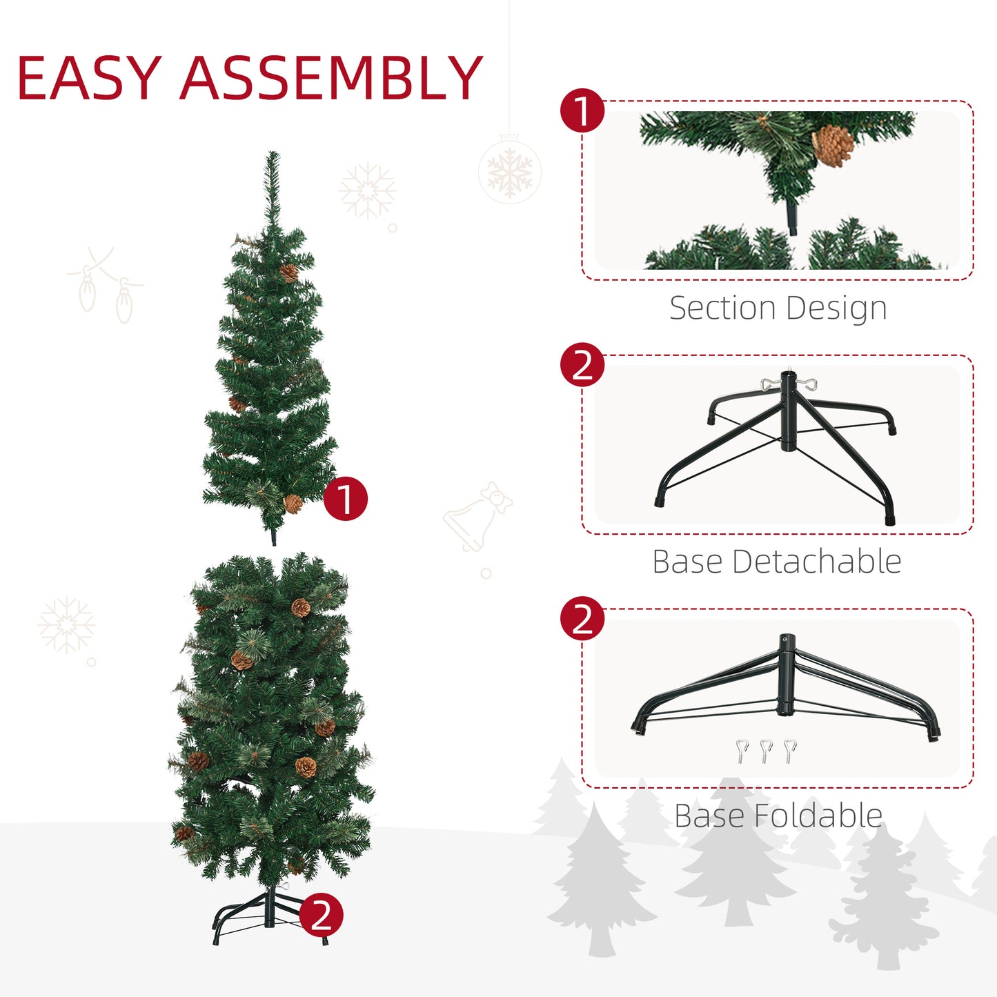 HOMCOM 5.5FT Tall Pencil Slim Artificial Christmas Tree with Realistic Branches, Tip Count and Pine Cones, Pine Needles Tree, Xmas Decoration, Green