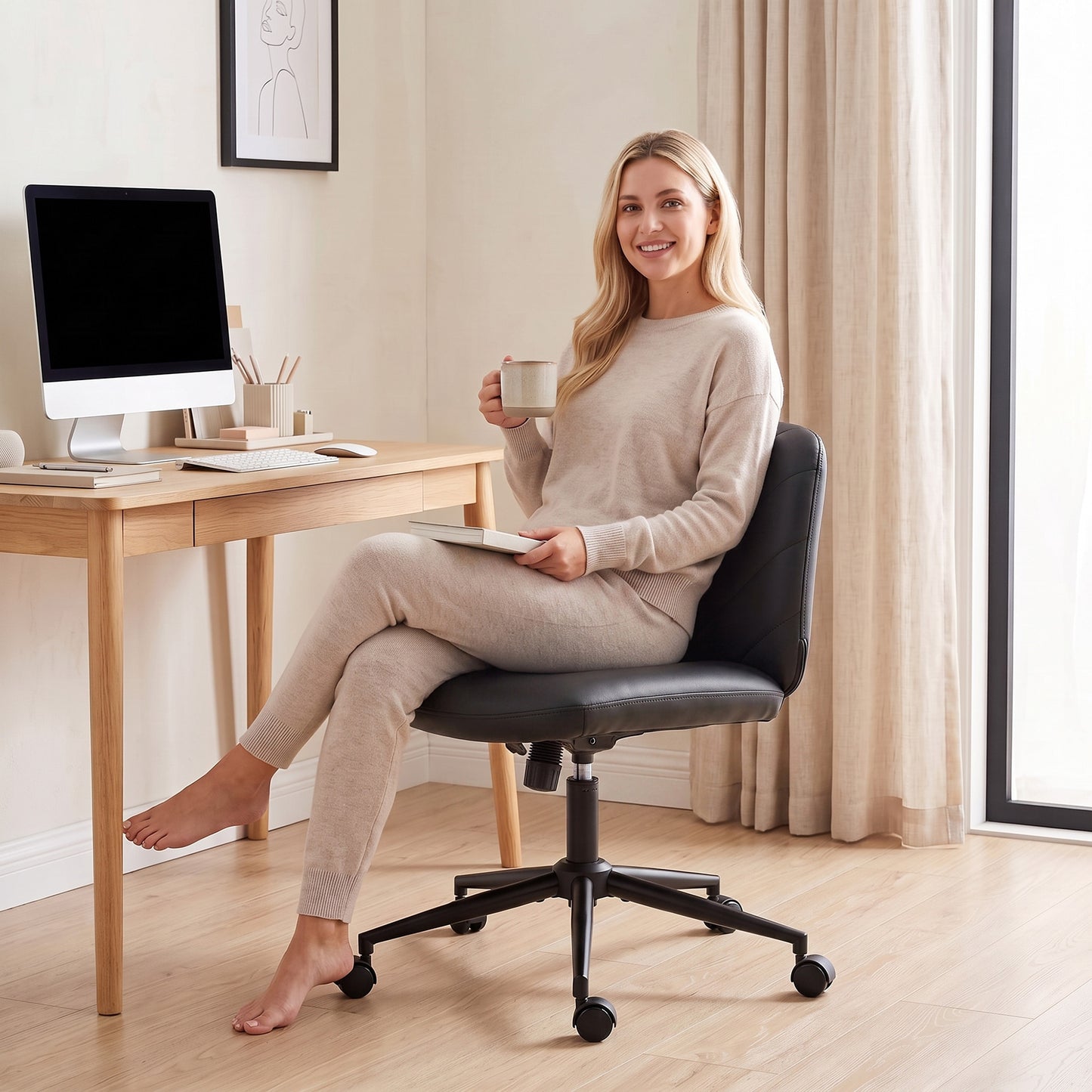 HOMCOM Home Office Desk Chair Height Adjustable Swivel Chair Cross Legged Wide Seat Swivel Wheels Black