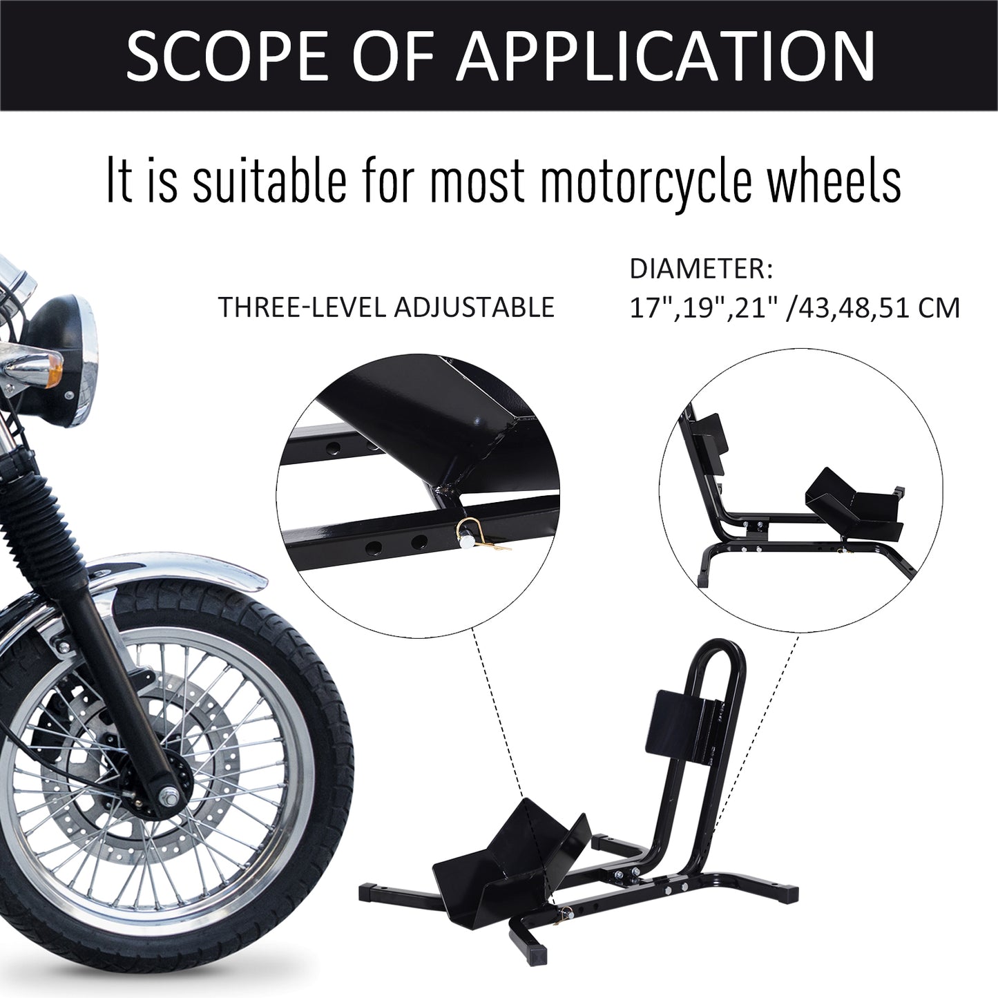 HOMCOM Metal Motorcycle Motorbike Wheel Chock Locking Stand System 17", 19", 21"/43, 48, 51 cm Front Wheels Steel Adjustable Fixing Tyre Holder Support