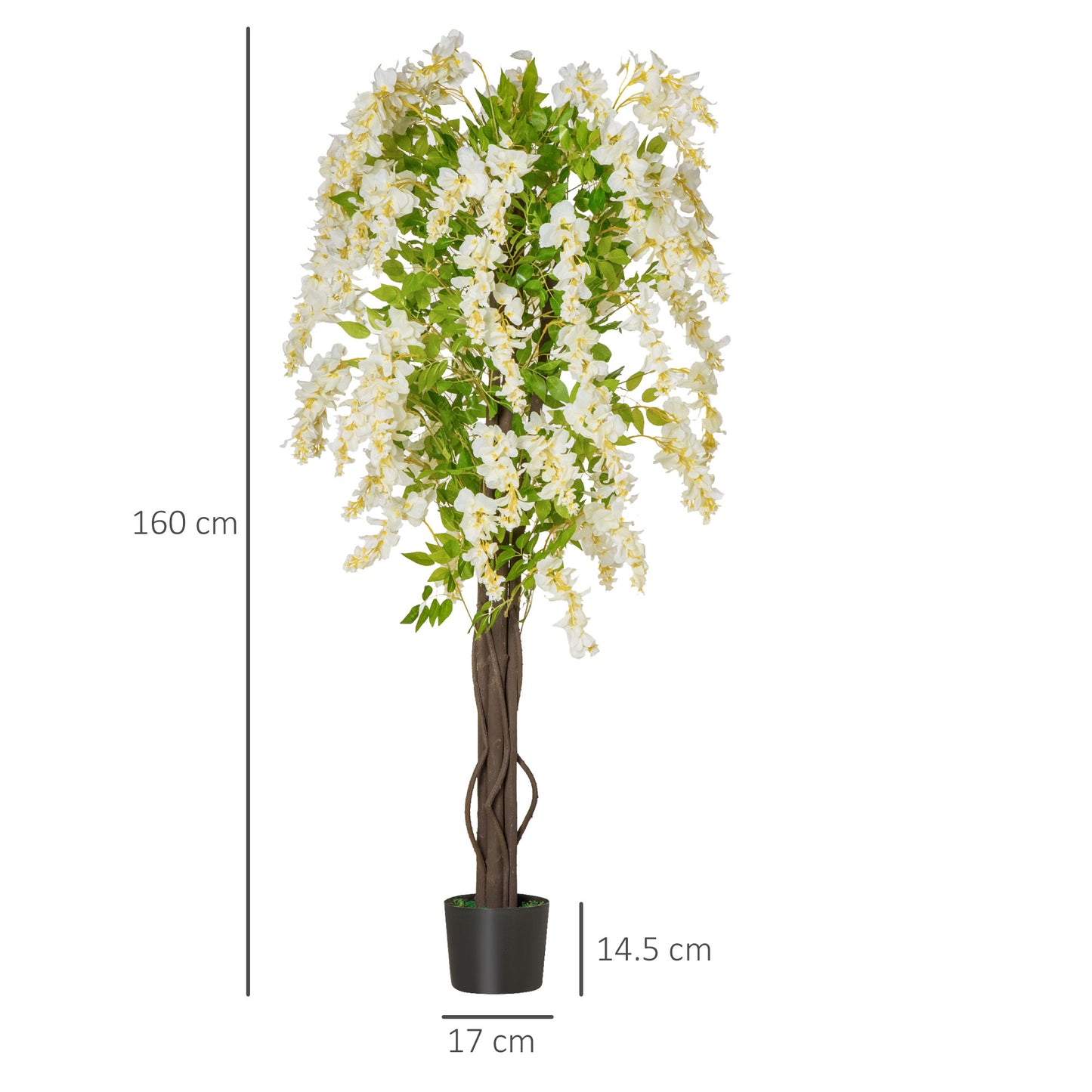 HOMCOM Artificial Realistic White Wisteria Tree Faux Decorative Plant in Nursery Pot for Indoor Décor, 160cm