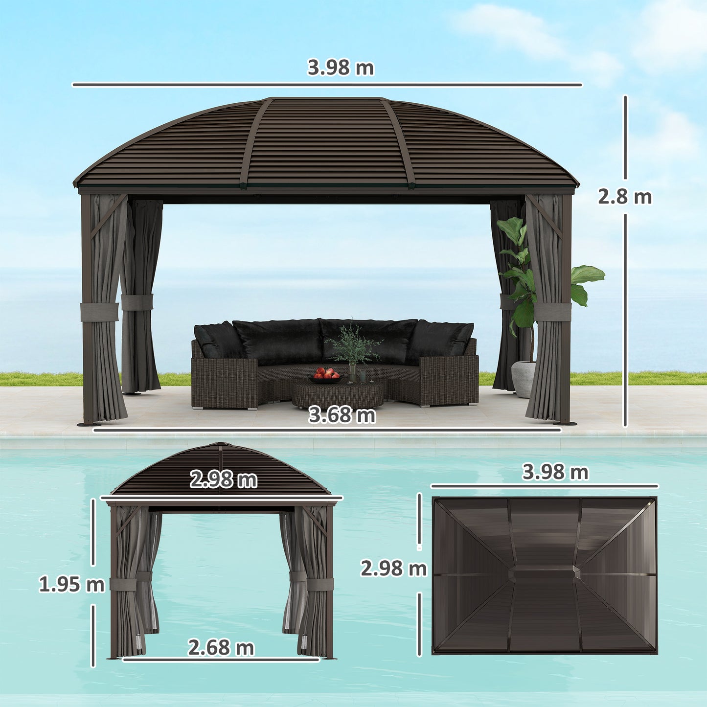 Outsunny 3 x 4m Hardtop Gazebo Canopy with Metal Roof, Aluminium Gazebo Permanent Pavilion with Netting and Curtains, Dark Grey