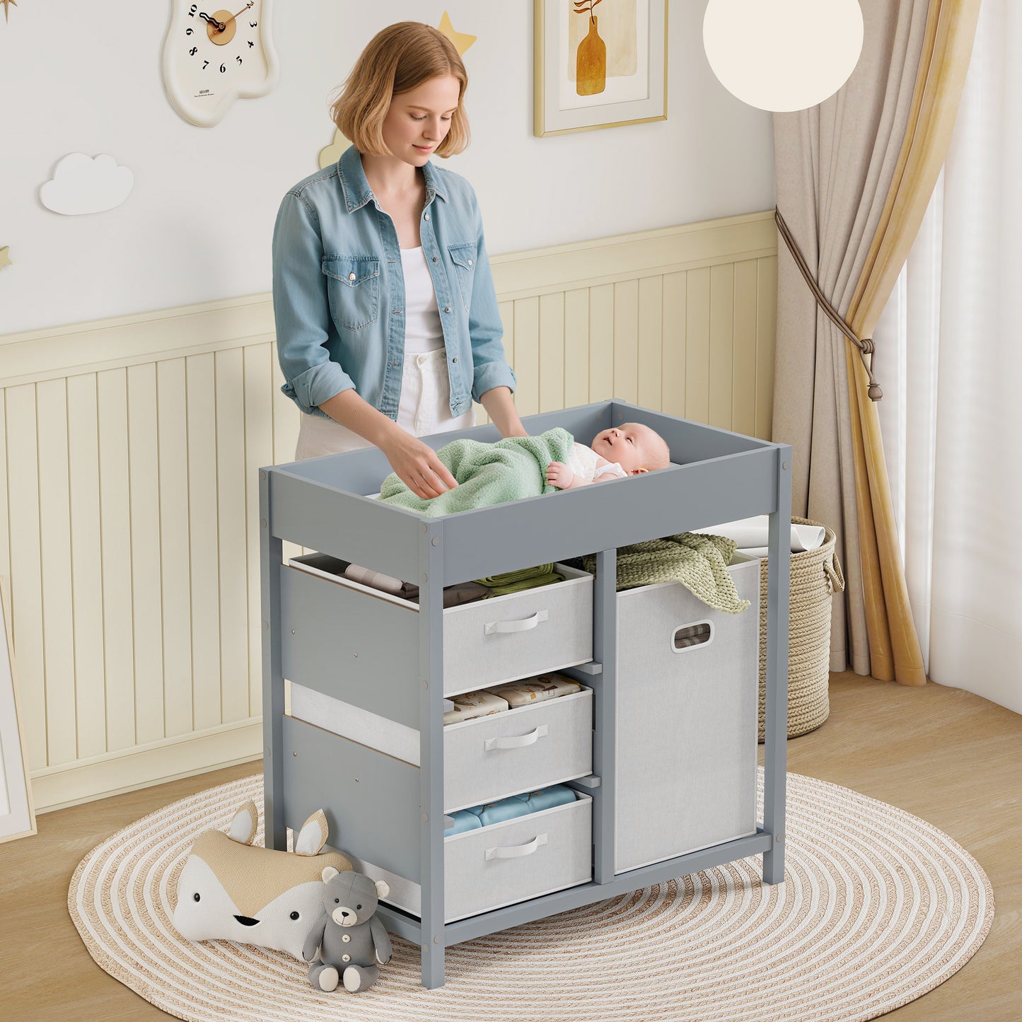AIYAPLAY Baby Changing Unit with 4 Storage Drawers, Mat for Bedroom Nursery, 84 x 84.5 cm, Grey