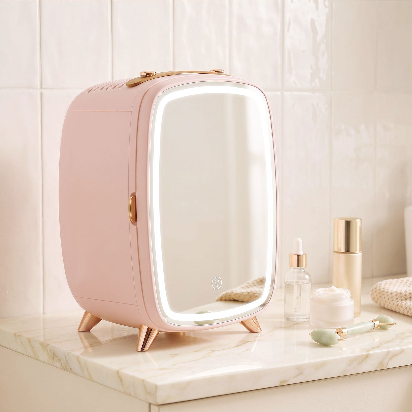 HOMCOM Skincare Refrigerator, 6L Mini Cosmetic Fridge with LED Mirror, Cooling Function for Bedroom, Skincare, Office, Pink