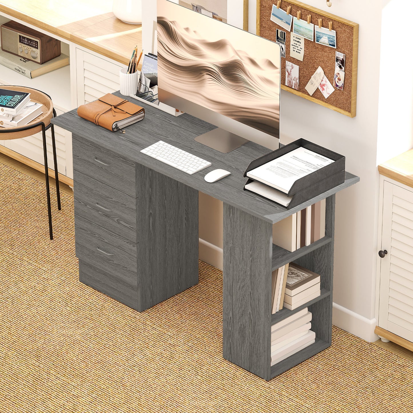 HOMCOM Computer Desk, Writing Table, PC Workstation with 3 Storage Shelves and Drawers, Silver Handle, for Home Office, Grey