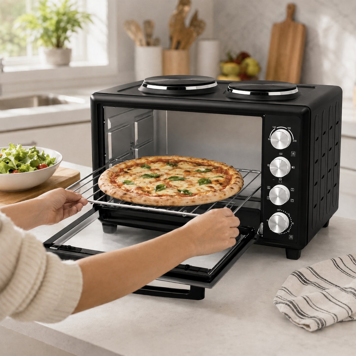 HOMCOM 46L Mini Oven with Dual Hot Plates, Electric Countertop Cooker with Convection, 90–230°C Adjustable Temperature