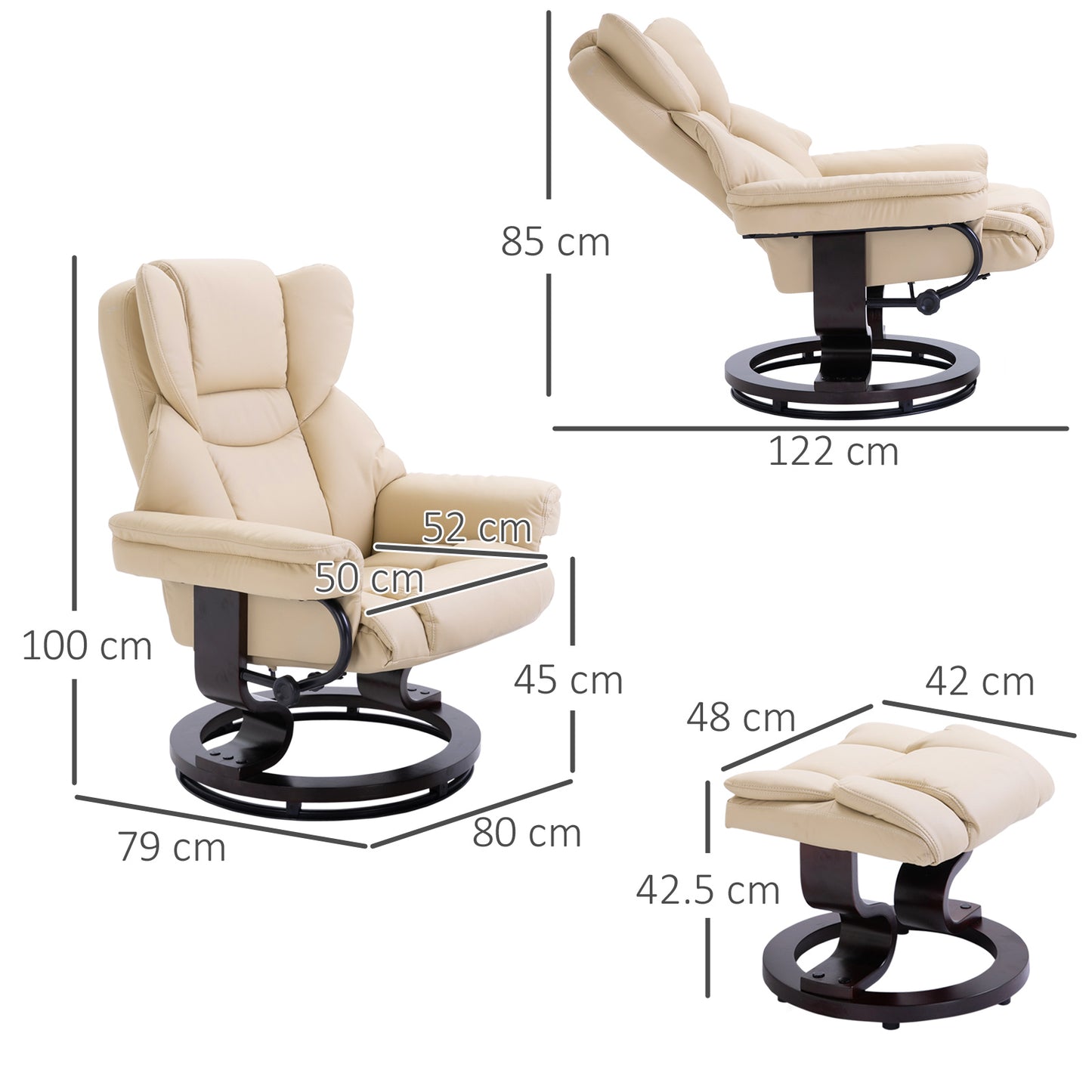 HOMCOM 360° Swivel Recliner Chair with Footstool, PU Leather Manual Recliner Armchair with Footstool, Solid Wood Base, Upholstered Reclining Chair for Living Room, Bedroom, Office, Cream