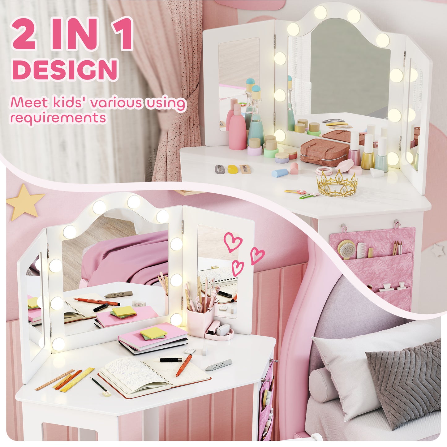 AIYAPLAY Kids Dressing Table and Stool Set, Girls Vanity Table with 2-Colour LED Lights, Tri-Folding Mirror, White