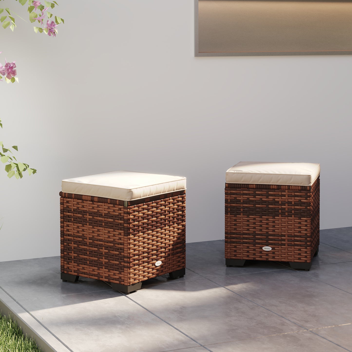 Outsunny Set of 2 Rattan Storage Ottoman, Outdoor Footstool with Removable Cushions, Garden Storage Seat for Balcony, Porch, Living Room, Beige
