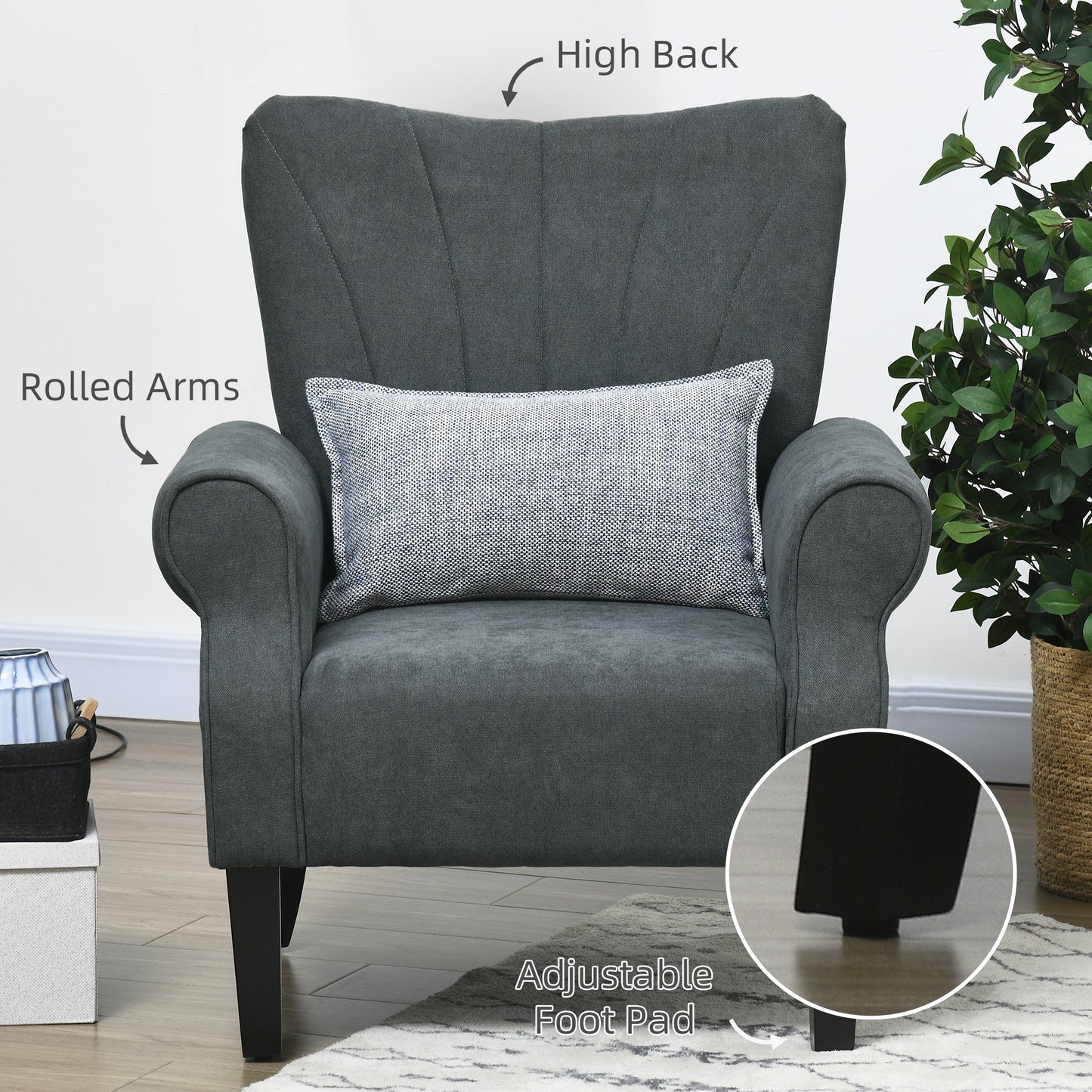 HOMCOM Upholstered Accent Chair with Rolled Arms and Wood Legs, Armchair for Living Room Bedroom, Grey