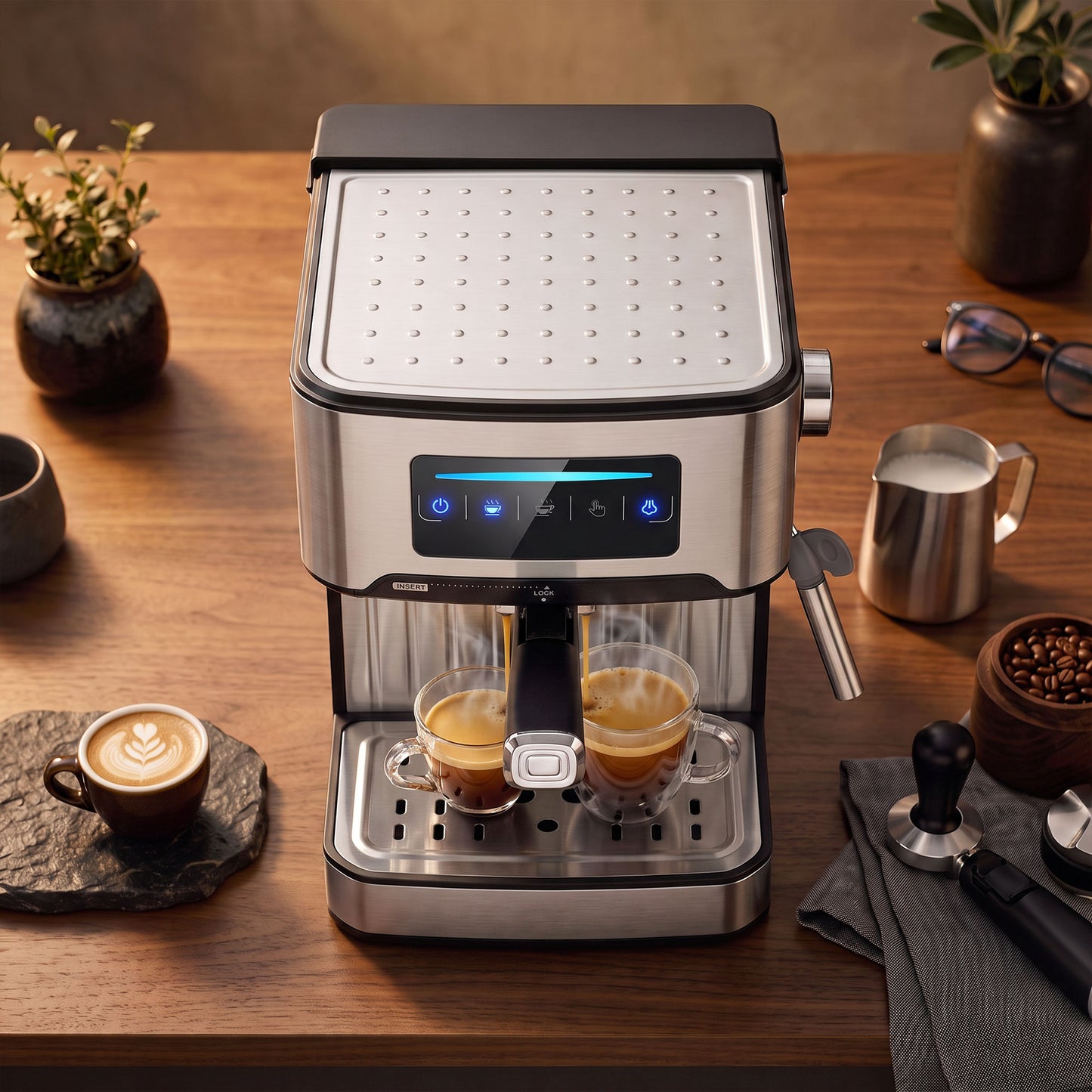 HOMCOM Espresso Machine, 20-Bar Cappuccino Coffee Maker with Frother Wand, 1.6L Tank, Single/Double/Manual Shot, LED Touch
