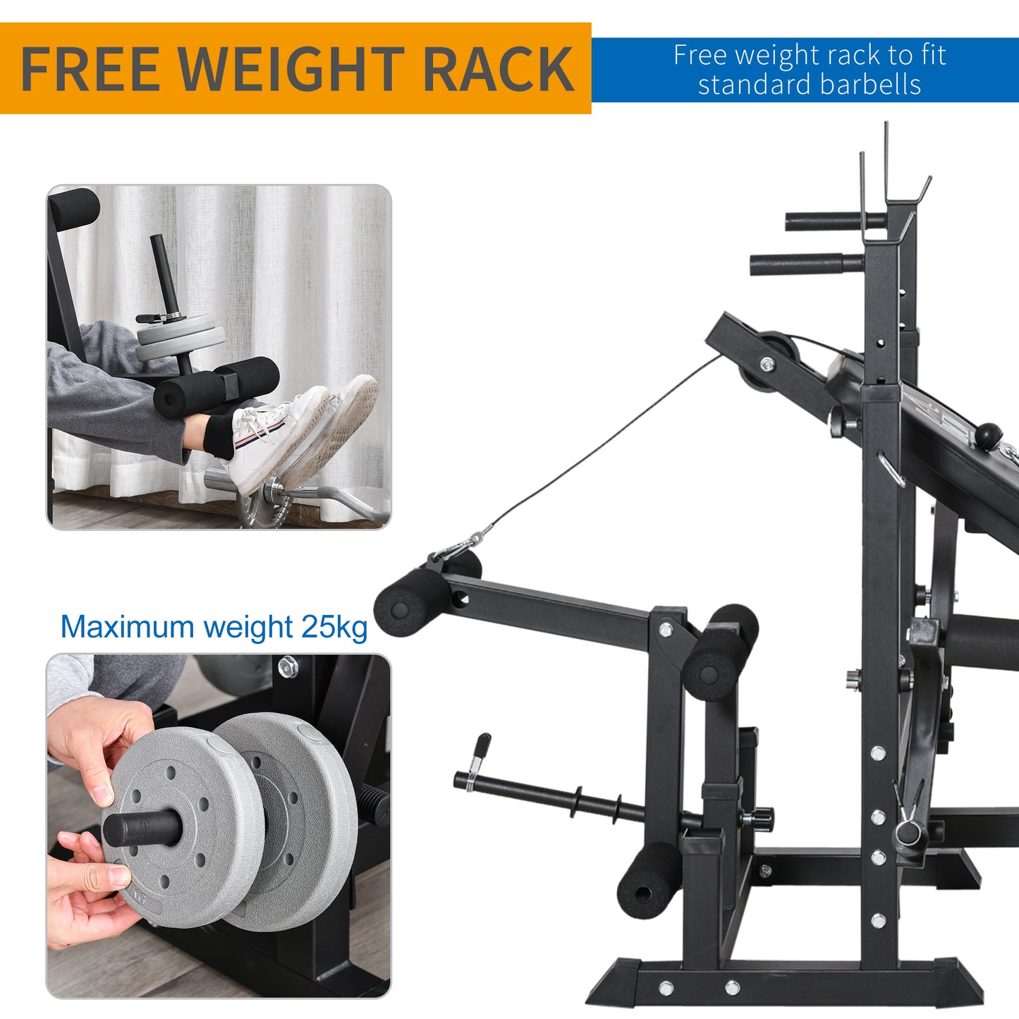 HOMCOM Weight Bench, 6 in 1 Adjustable Bench Press with Leg Extension, Barbell Rack, Preacher Curl Pad, Resistance Band, Multi-Function Home Gym Equipment for Strength Training Weightlifting