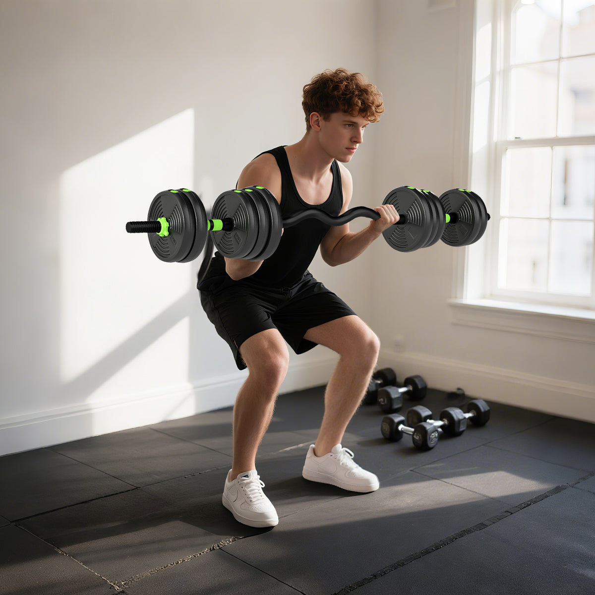 SPORTNOW 25 kg 3-in-1 Adjustable Dumbbell & Barbell Set with EZ Bar, Connecting Rod and Non-Slip Grip for Home Gym, Green