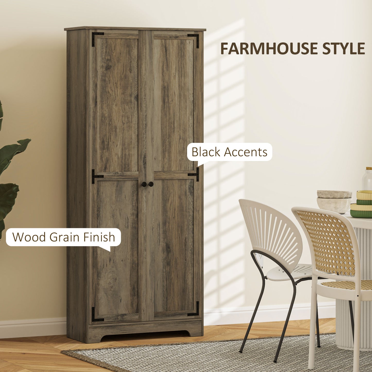 HOMCOM Farmhouse Kitchen Cupboard, Freestanding Kitchen Storage Cabinet with Adjustable Shelves, Tall Storage Cabinet with Recessed Doors, Grey Wood-Effect