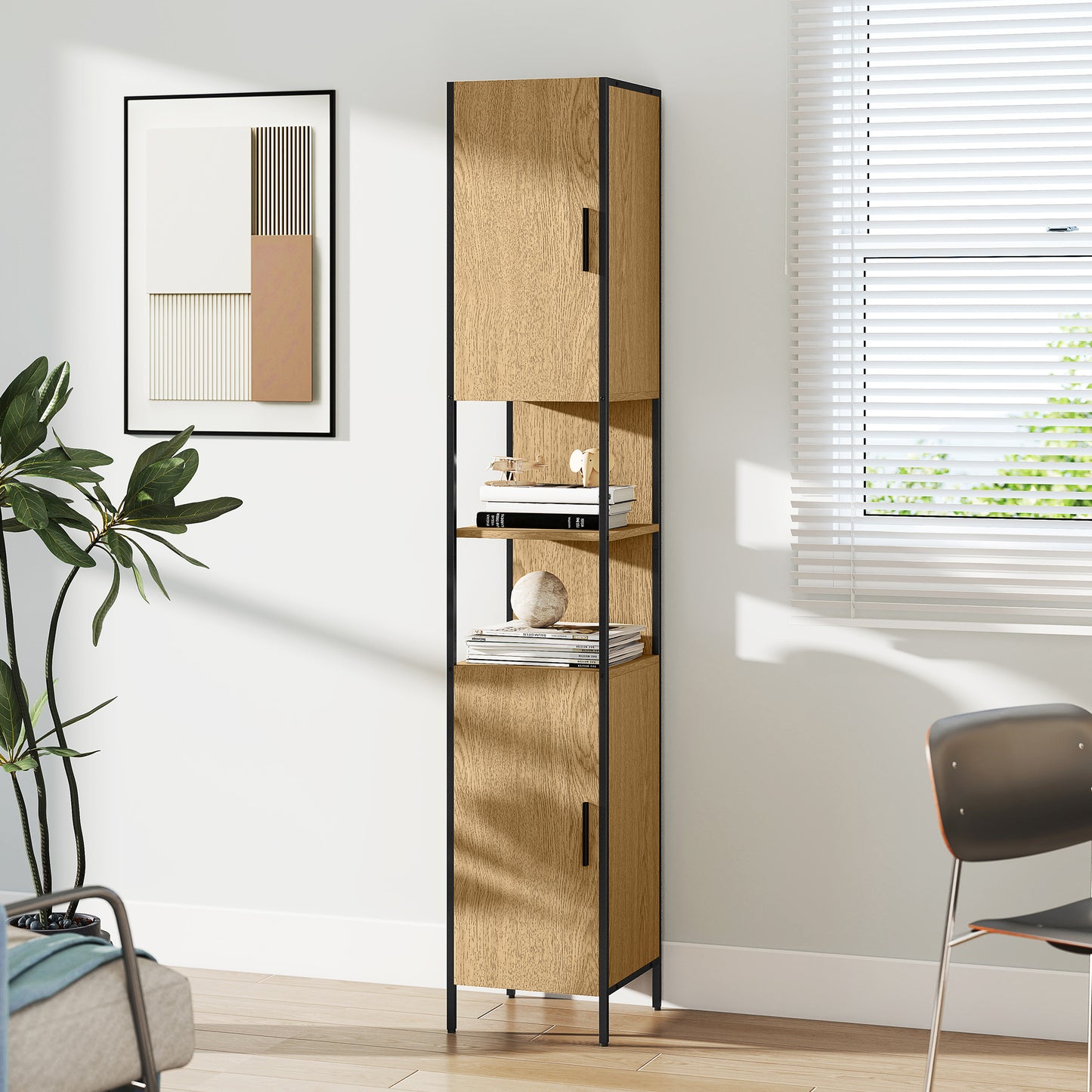 HOMCOM Tall Bathroom Cabinet with 2 Doors, Open Compartments and Adjustable Shelves - Natural Wood Finish