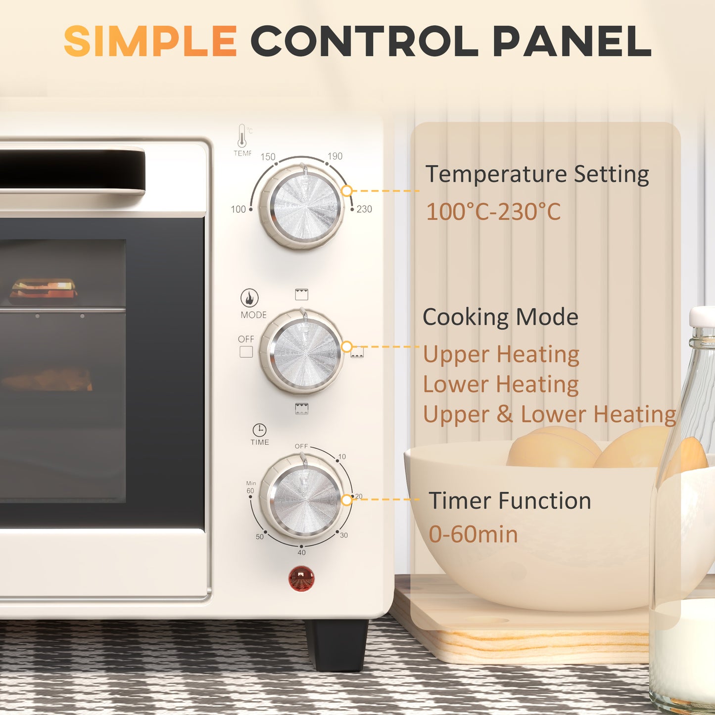 HOMCOM 21L Mini Countertop Oven, 100°C-230°C Adjustable Temp - White