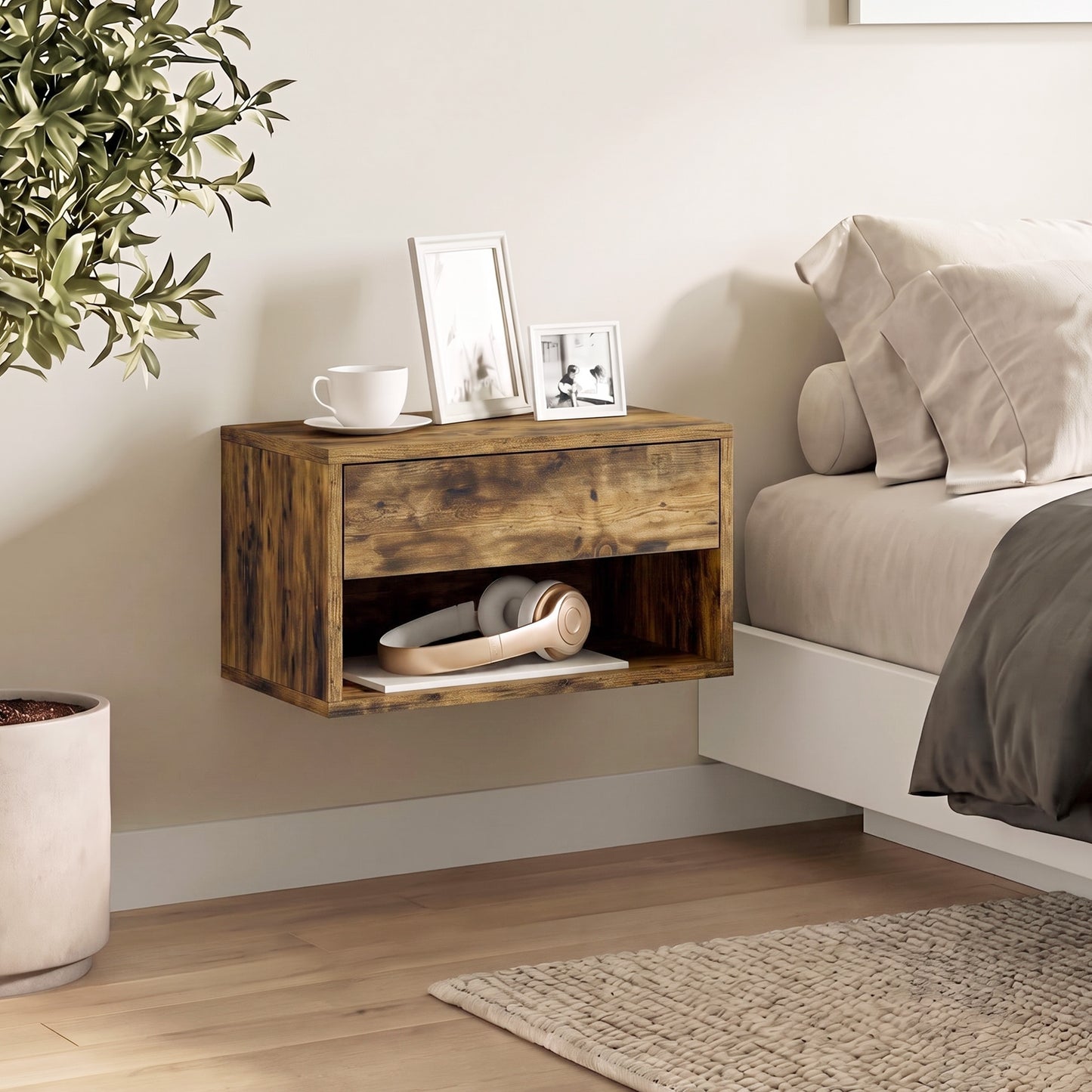 HOMCOM Set of Two Floating Bedside Tables - Rustic Brown