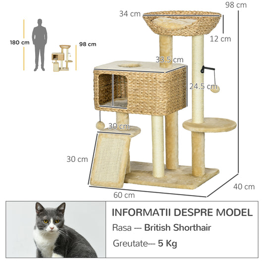 PawHut 95cm Cat Tree Tower for Indoor Cats, with Scratching Post, Cat House, Toy Ball, Platform - Beige