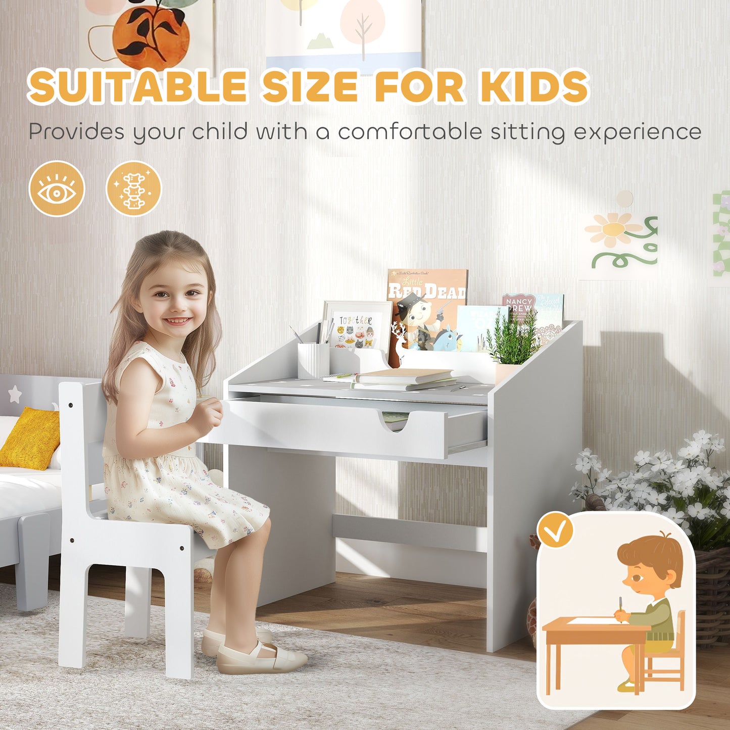 AIYAPLAY Children Study Table and Chair, Kids Desk and Chair Set with Storage, Pull-Out Drawer, for Ages 3-6 Years, Grey