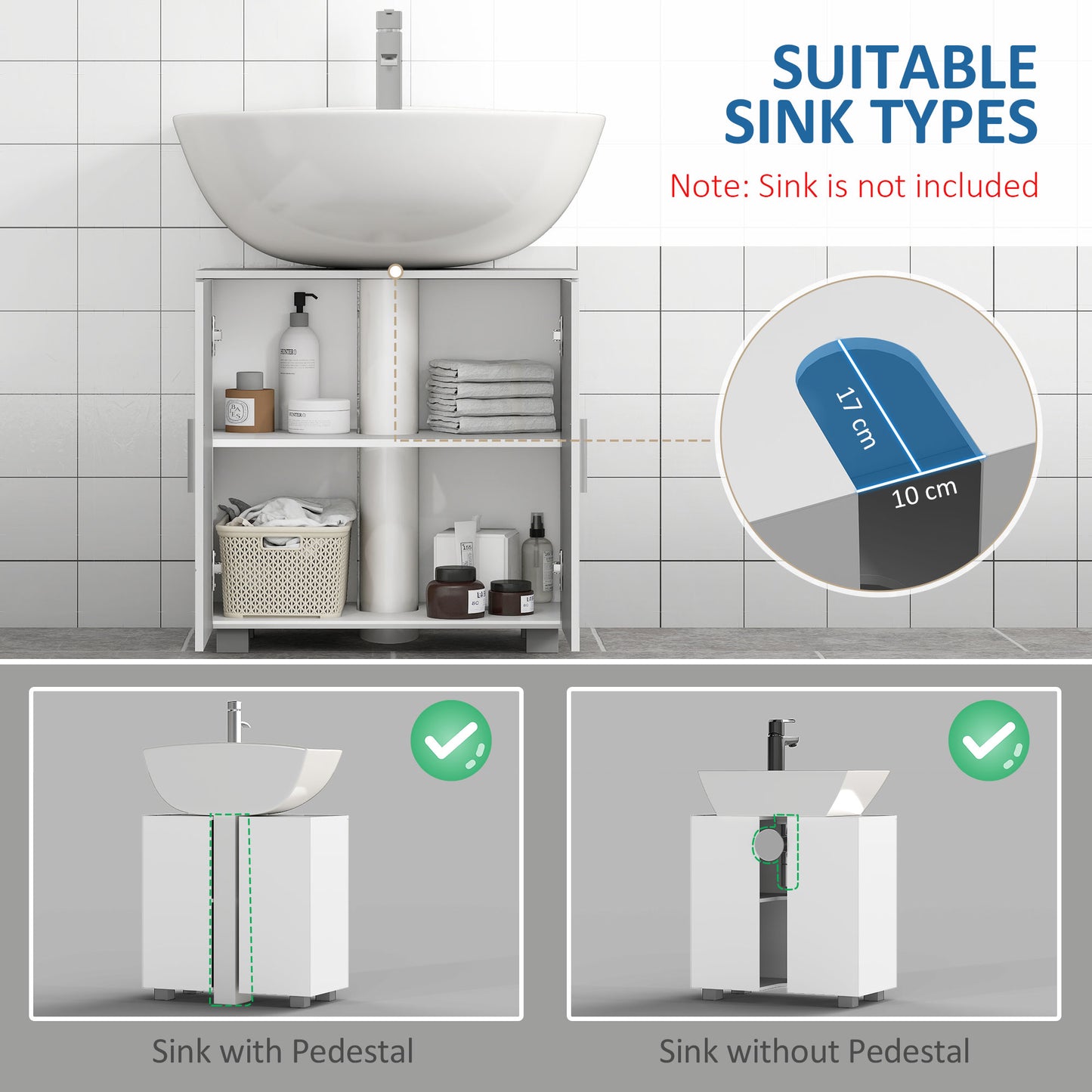 kleankin Pedestal Under Sink Cabinet, Modern Bathroom Vanity Unit, Storage Cupboard with Double Doors, Adjustable Shelf, White