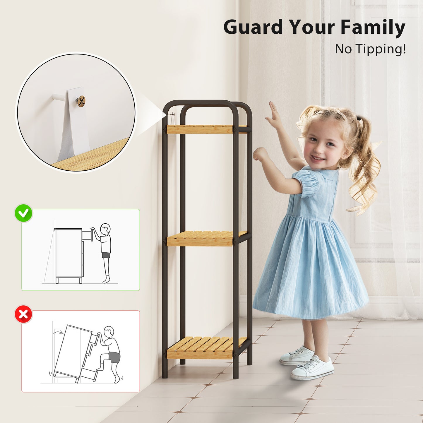 HOMCOM 3-Tier Bamboo Bathroom Storage Shelf, Freestanding Narrow Shelving Unit with Slatted Shelves for Kitchen Bathroom Living Room, 41.5 x 21.5 x 77.5 cm, Natural and Black