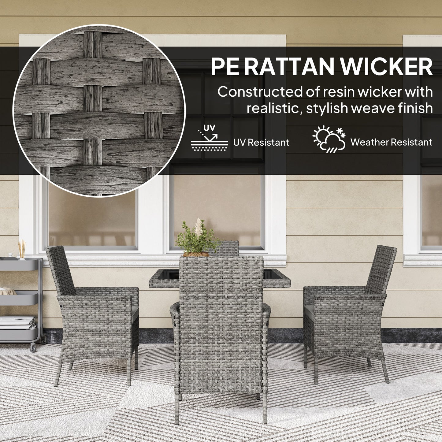 Outsunny Rattan Garden Furniture Set, Outdoor Dining Table and Chairs 4 Seater with Cushions, Square Tempered Glass Top, 4 Armchairs, for Balcony, Terrace, Conservatory, Grey