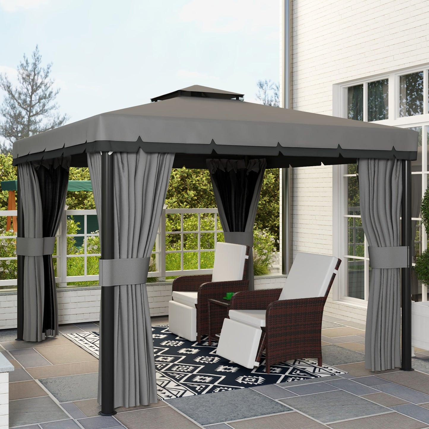 Outsunny 3 x 3(m) Patio Gazebo Canopy Garden Pavilion Tent Shelter Marquee with 2 Tier Roof, Netting and Curtains, Light Grey