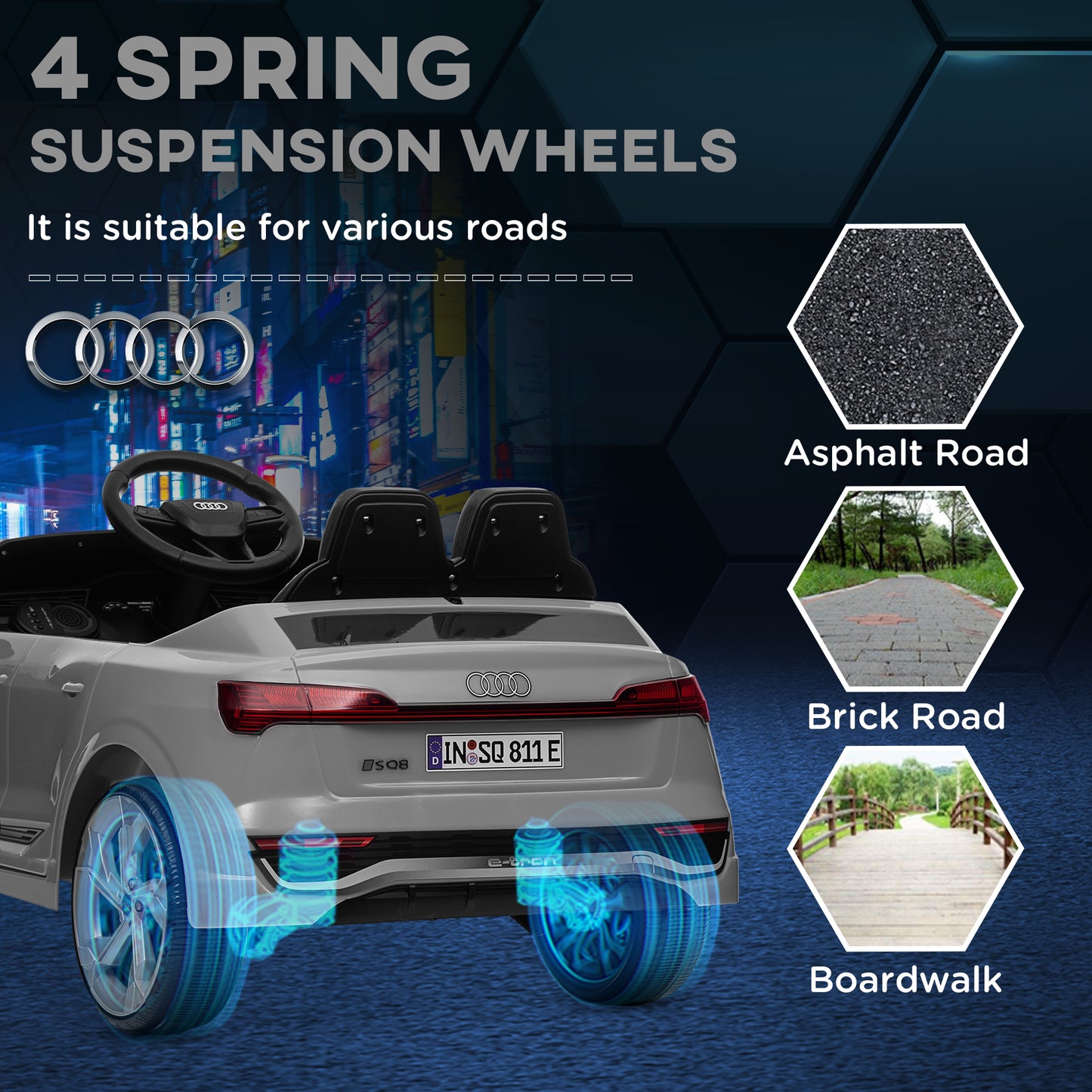 AIYAPLAY Audi Q8 e-tron Sportback Licensed 12V Ride on Car w/ Remote, 4 Spring Suspension Wheels, Headlamps, Music, Horn - Grey