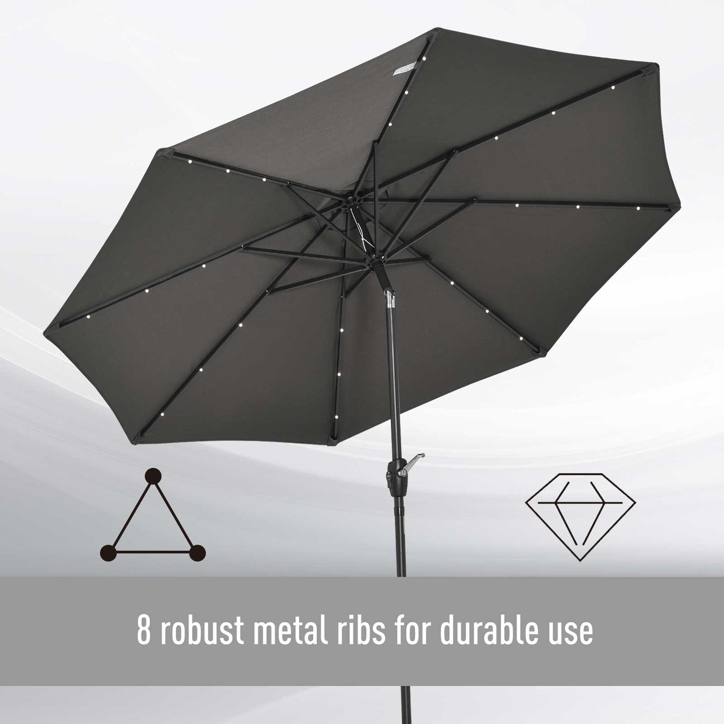 Outsunny Φ2.7m Garden 24 LED Light Parasol Solar Outdoor Tilt Sun Umbrella Patio Club Party Event Manual Sun Shade w/ Hand Crank and 8 Ribs, Grey