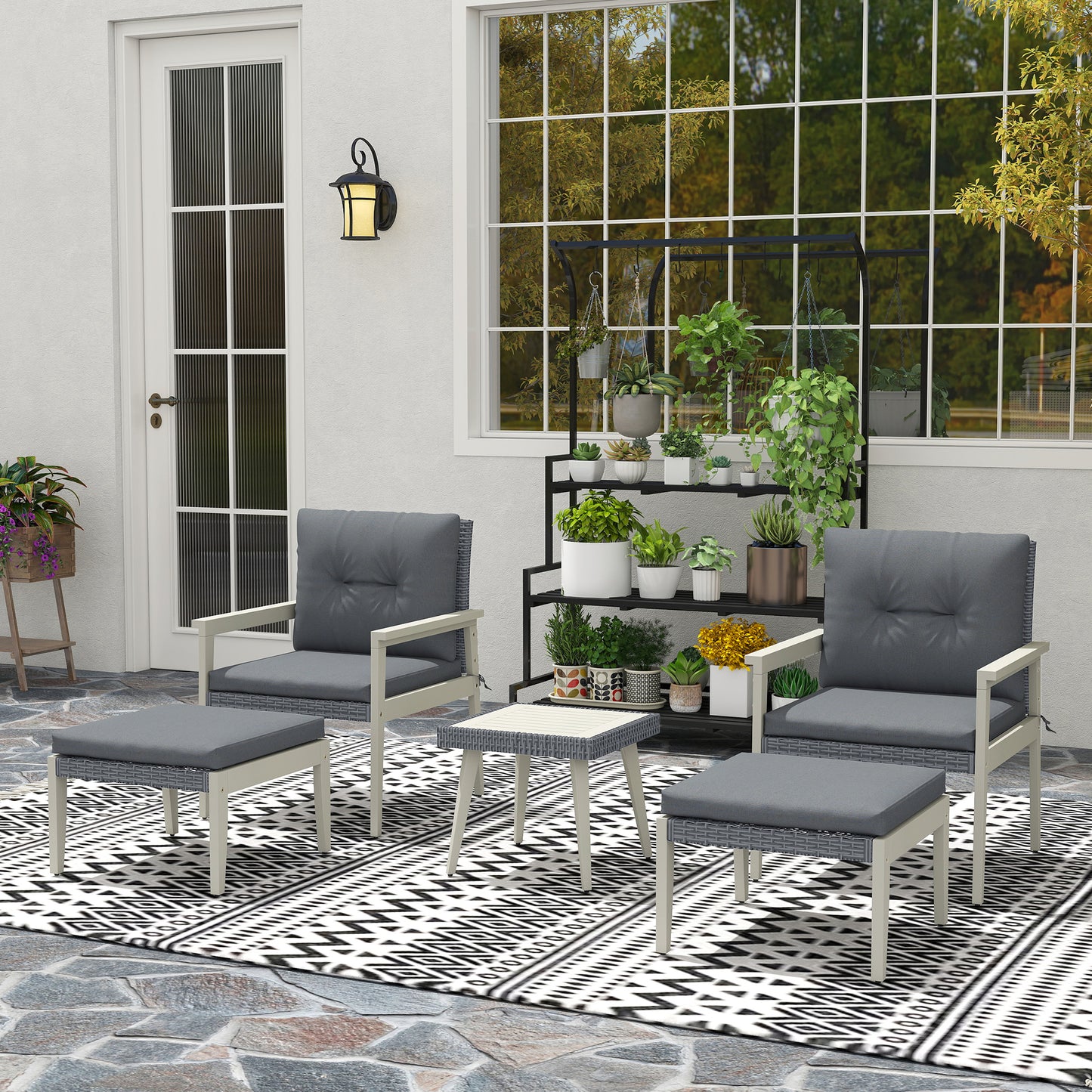 Outsunny Five-Piece Rattan Patio Set, with Wood-Top Table - Grey