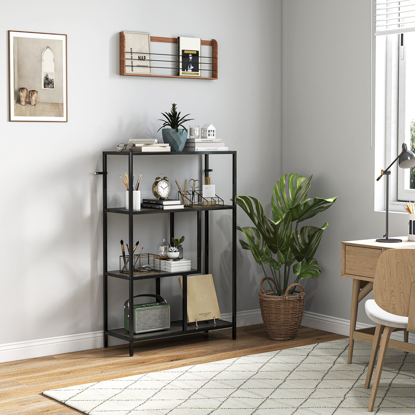 HOMCOM 4-Tier Bookshelf with Open Shelves - Charcoal Grey