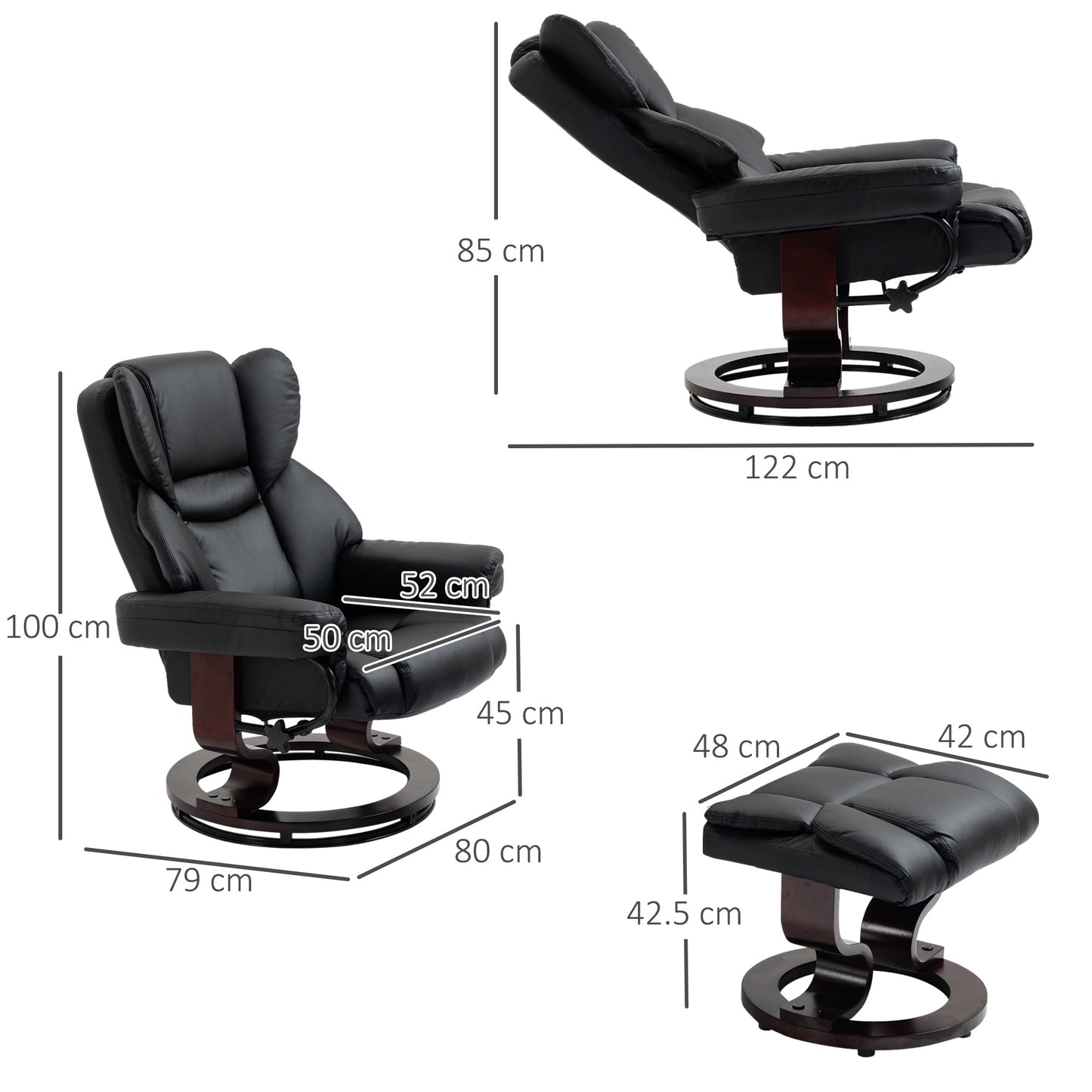 HOMCOM 360° Swivel Recliner Chair with Footstool, PU Leather Manual Recliner Armchair with Footstool, Solid Wood Base, Upholstered Reclining Chair for Living Room, Bedroom, Office, Black