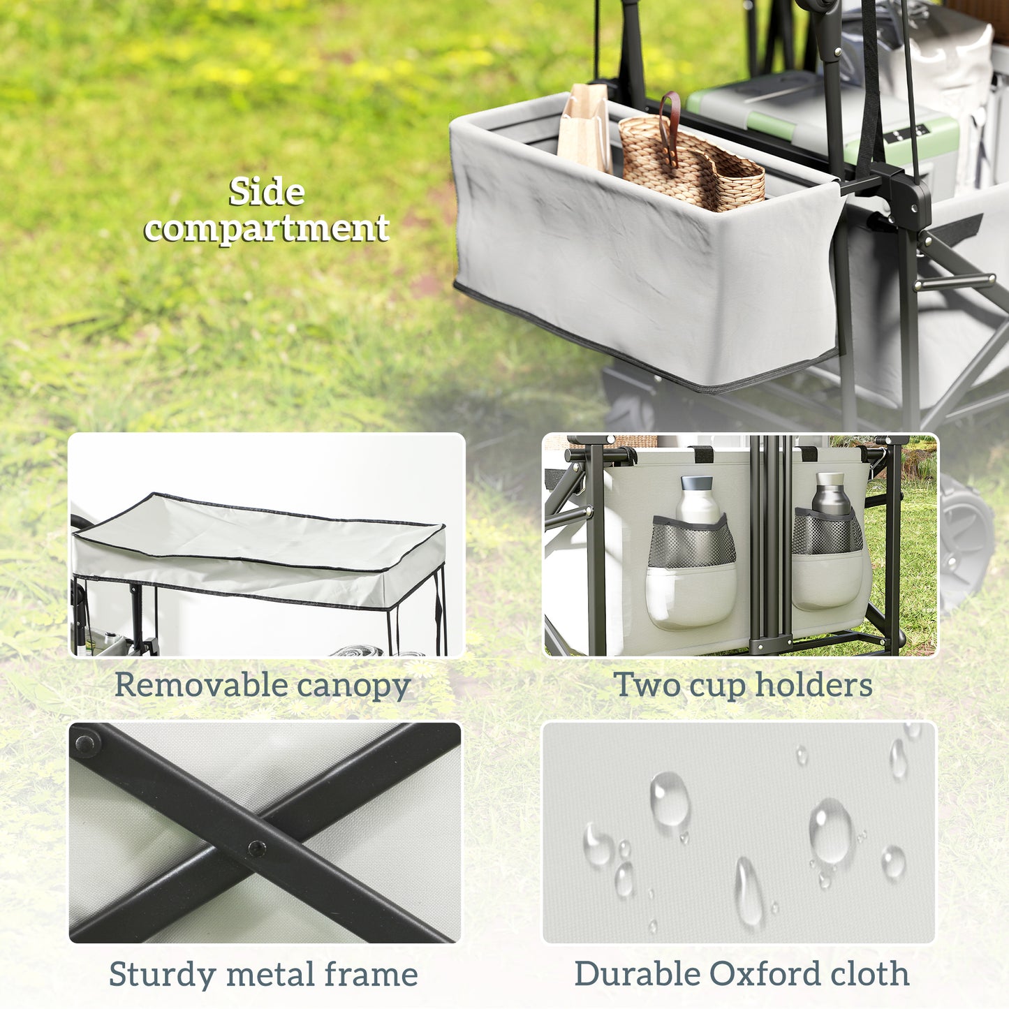 Outsunny Folding Trolley Cart Storage Wagon Beach Trailer 4 Wheels with Handle Overhead Canopy Cart Push Pull for Camping, Grey